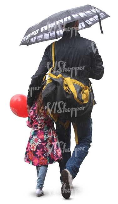 father and daughter with an umbrella and a balloon walking in the rain