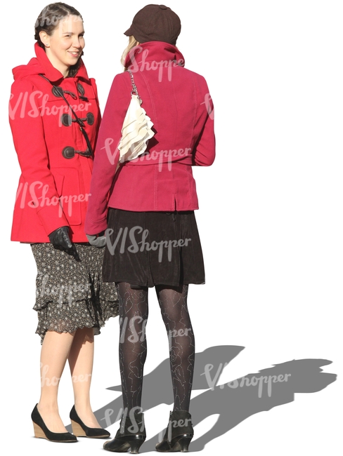 two women in red spring coats talking
