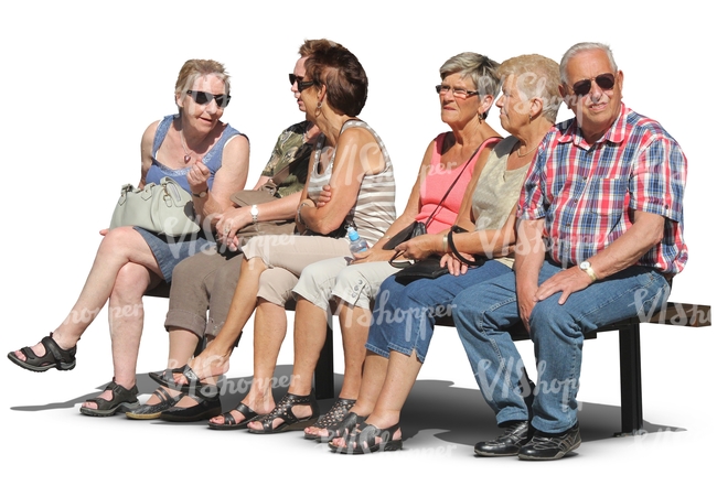 six eldery people sitting in a row on a bench