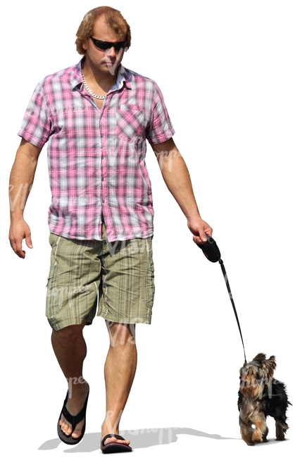 man with sunglasses walking a dog
