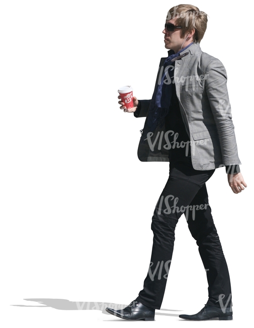 cut out man walking and drinking coffee