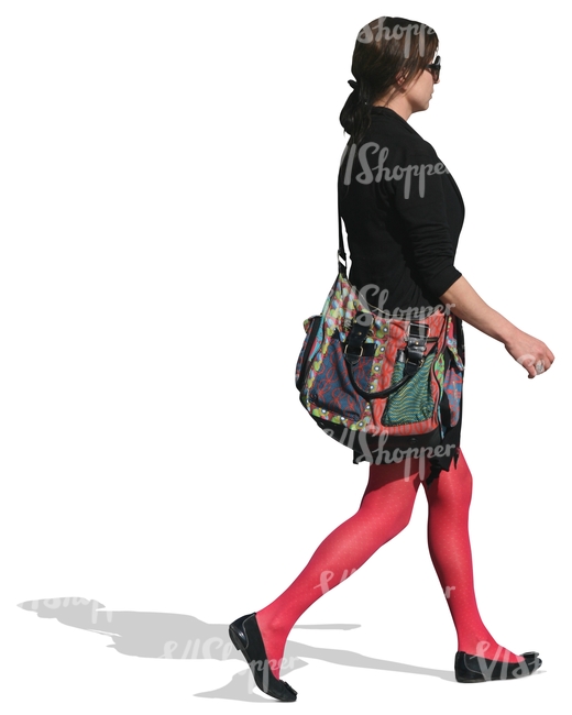 cut out woman with red stockings walking