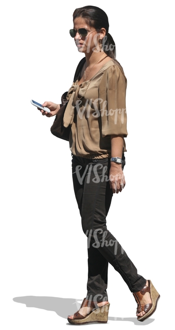 cut out woman walking with a phone on her hand