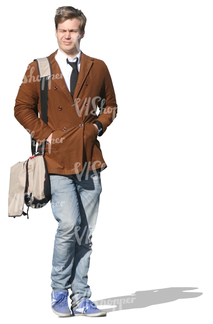 cut out man with a brown jacket walking 
