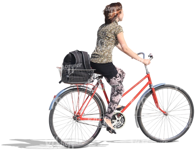 woman riding a red bicycle