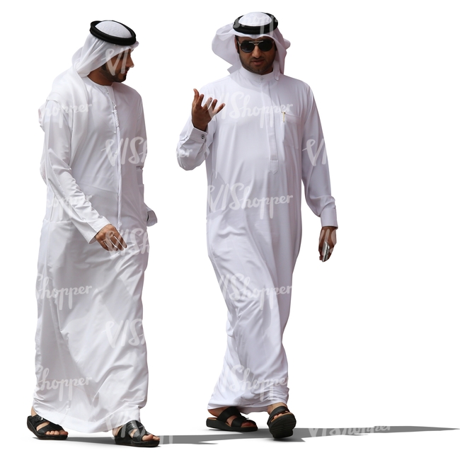 two arab men in white thobes walking and talking