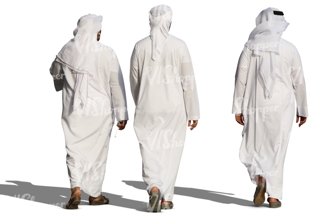 three arab men in white thobes walking