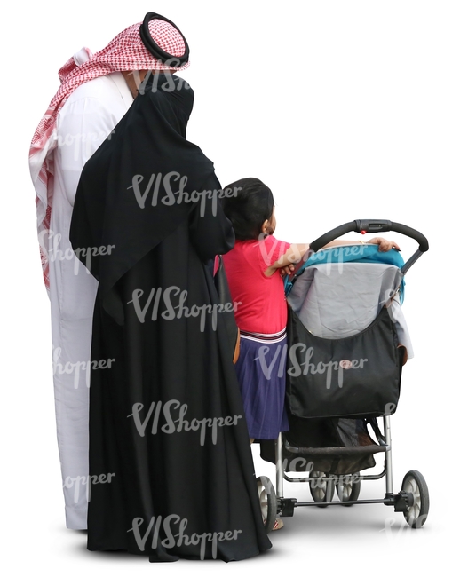 muslim family standing by a baby stroller