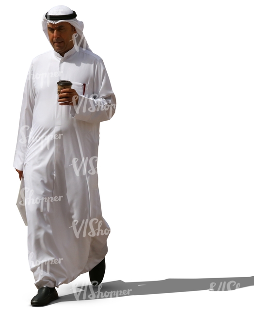 muslim man in a white thobe walking and drinking coffee