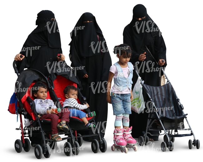 three muslim women walking with children