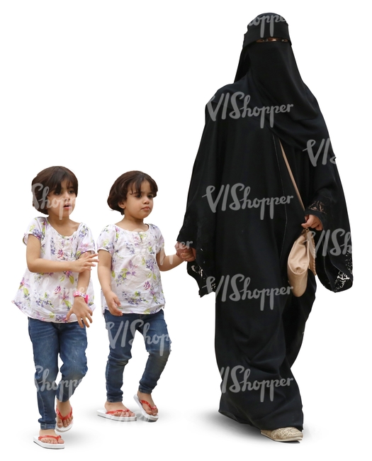 arab woman walking with two children