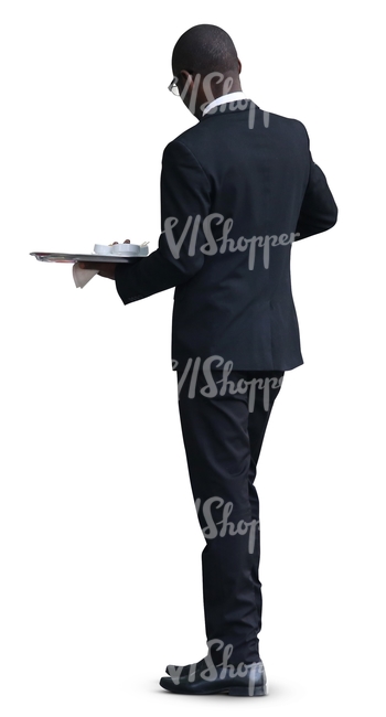 black waiter standing with a tray