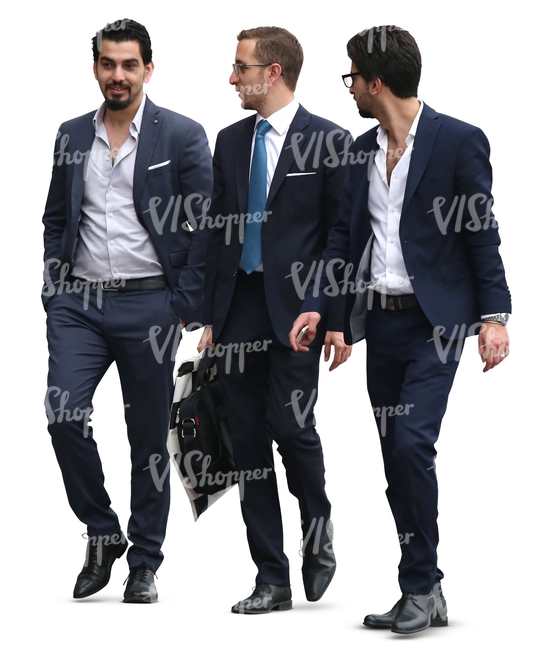 three young businessmen walking and talking