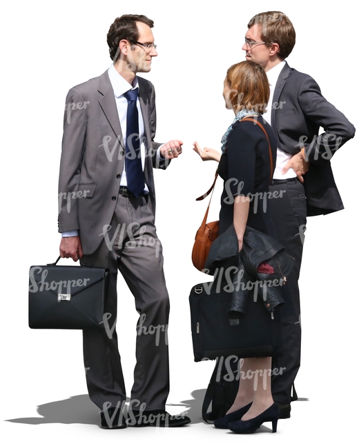 two businessmen and a woman standing and talking