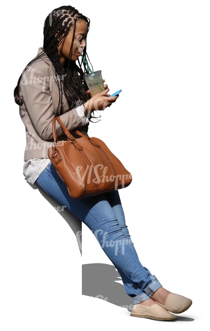 cut out black woman sitting and drinking juice