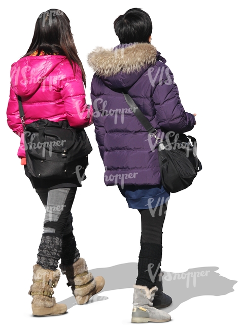 two asian women in winter coats seen from behind