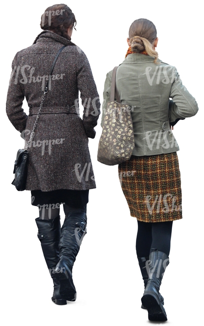 two women in autumn coats walking seen from behind