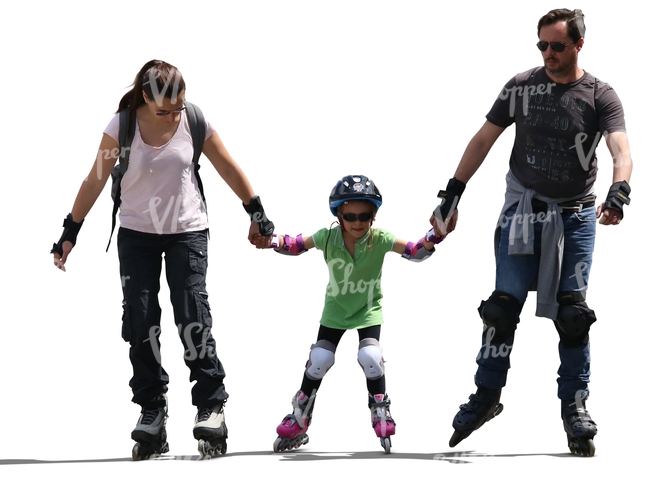 mother father and a child roller skating hand in hand