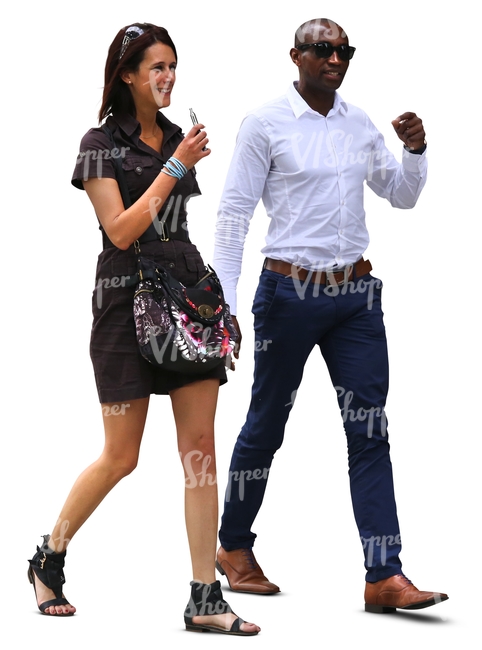 white woman and black man walking and talking