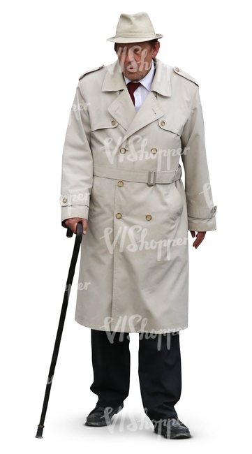 elderly man in a trenchcoat and hat walking