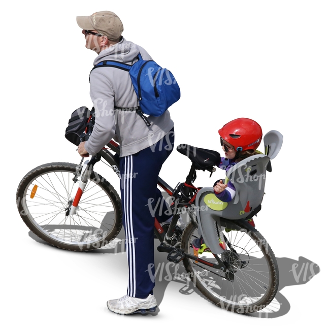 man riding a bike with his son on the back