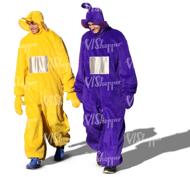 two men dressed as teletubbies walking