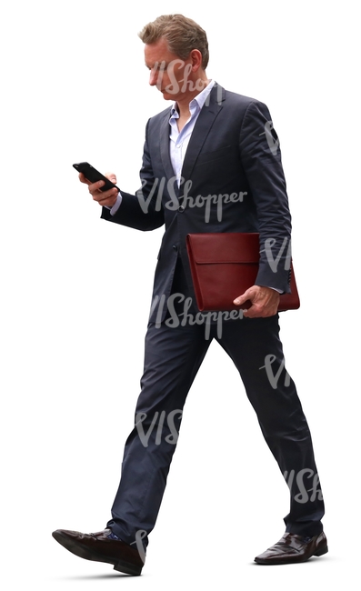 cut out businessman walking hastily with a phone in his hand