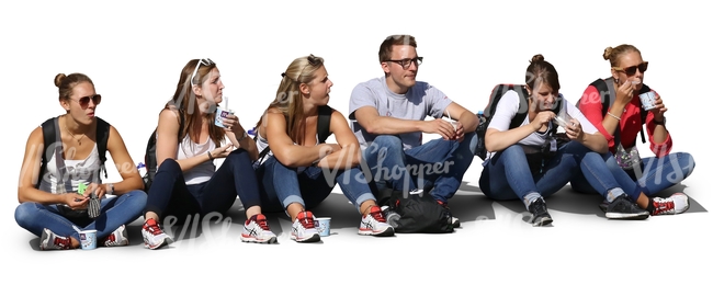 six people sitting in a row and eating snacks