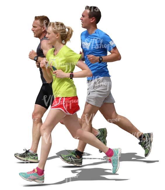 two men and a woman running