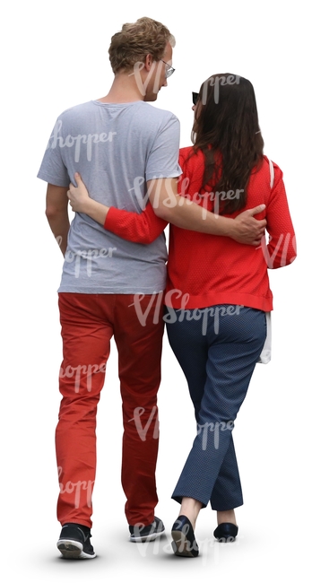 man and woman walking arms around each other