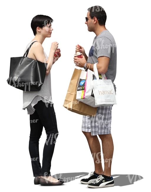 man and woman with many shopping bags standing and eating ice cream