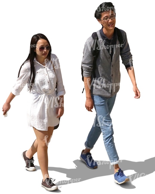 young Asian man and woman walking and talking