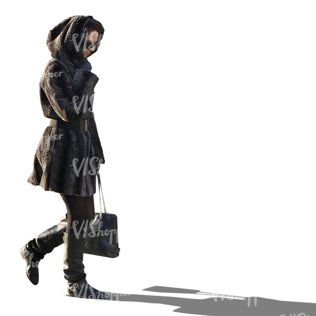 woman in a black hooded coat walking
