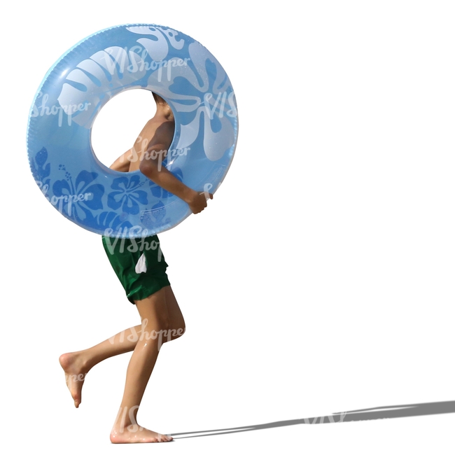 teenage boy with a swim ring running