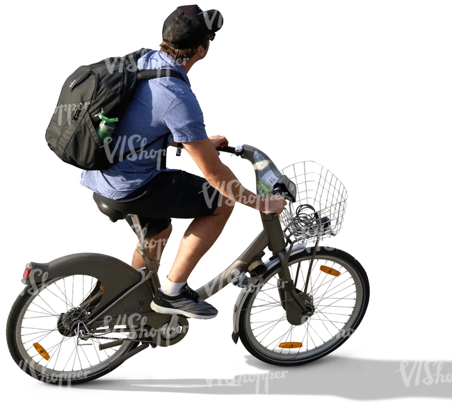 man with a backpack riding a bike