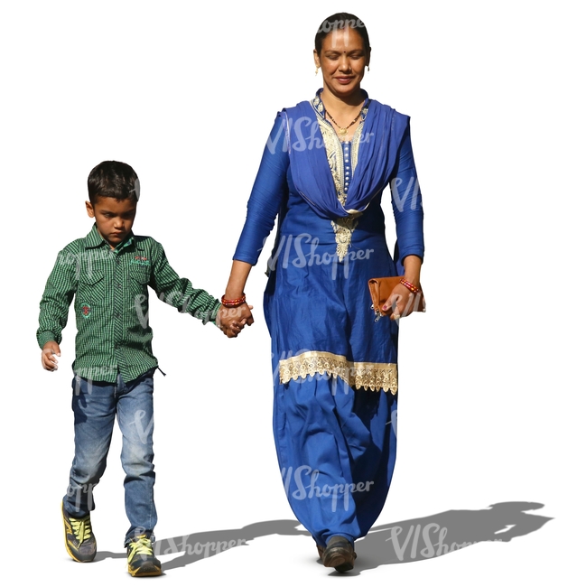 indian woman walking hand in hand with her son