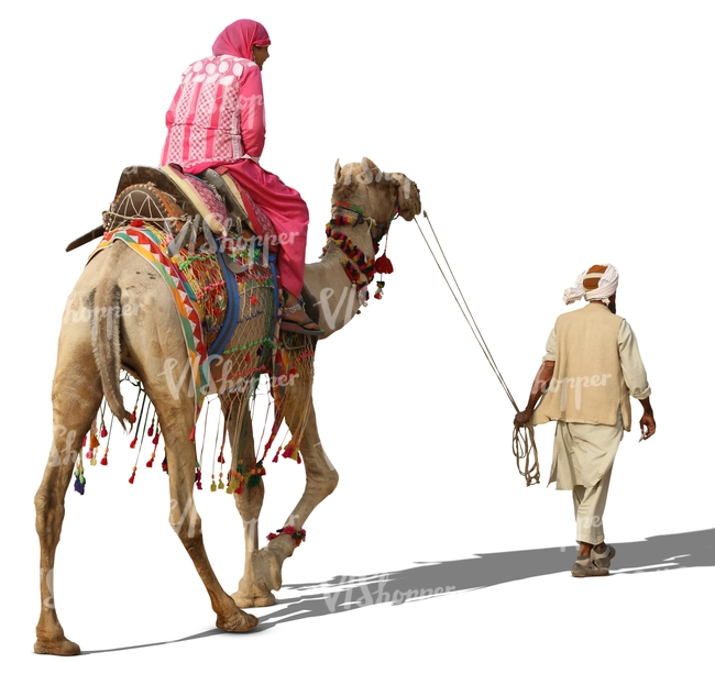 man steering a camel with a woman riding on it