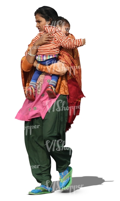 indian woman carrying a small child