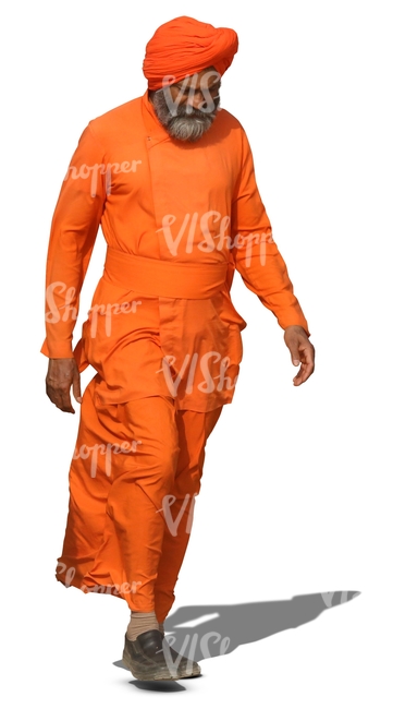 older hindu man in an orange costume walking
