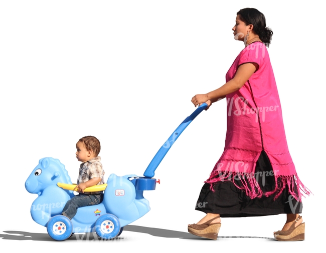 latina woman pushing a child in a toy carriage