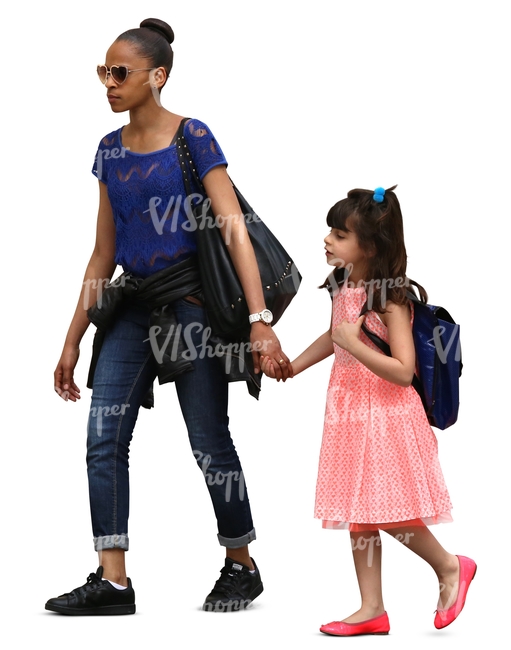black woman walking hand in hand with her daughter