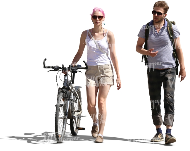 man walking with a woman who has a bike