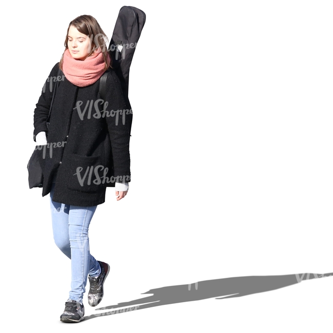 woman with a musical instrument walking