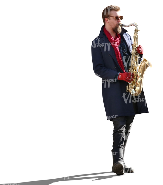 man playing a saxophone on the street