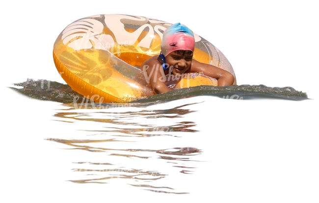 boy swimming with a yellow floatie