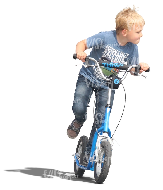 blond boy riding a scooter