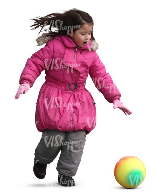 asian child in a pink jacket playing with a ball 