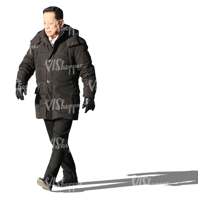 asian man wearing a black coat walking