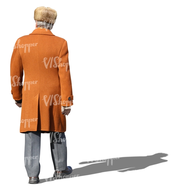 man in an orange winter coat walking