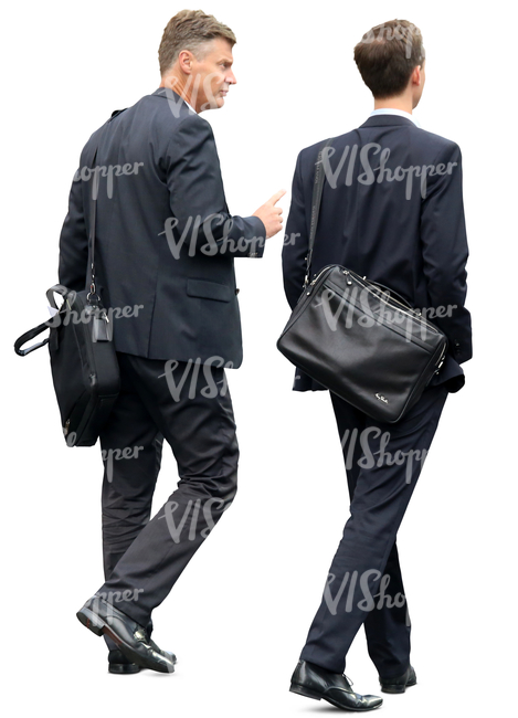 two businessmen in suits walking and talking